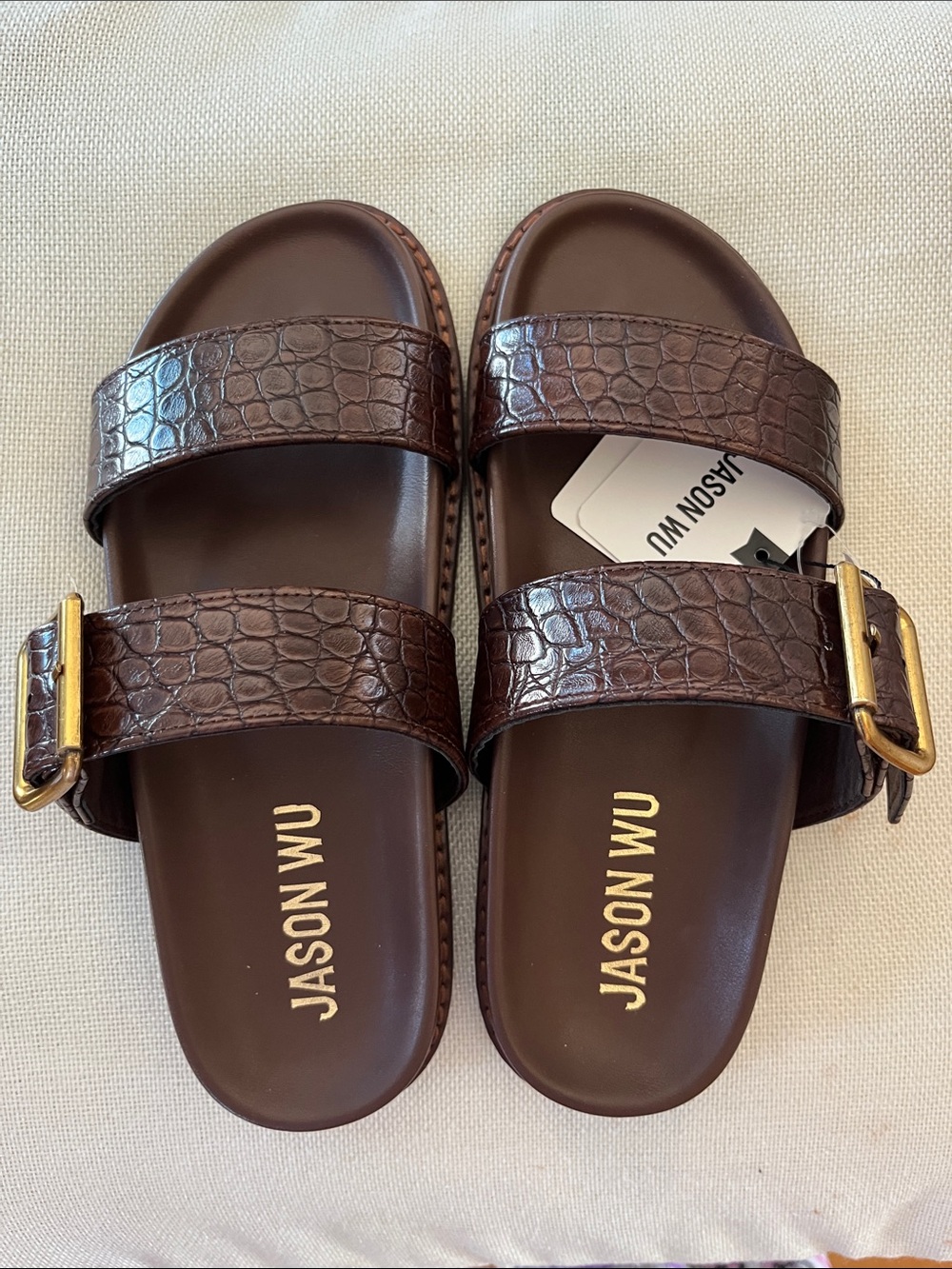 Jason Wu Brown Croc-Embossed Leather Double-Strap Slide Sandals